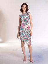 Arane asymmetrical statement dress in vibrant pink, blue, and green abstract floral pattern by Blissfully Brand, perfect for bold and confident Retro Chic fashionistas